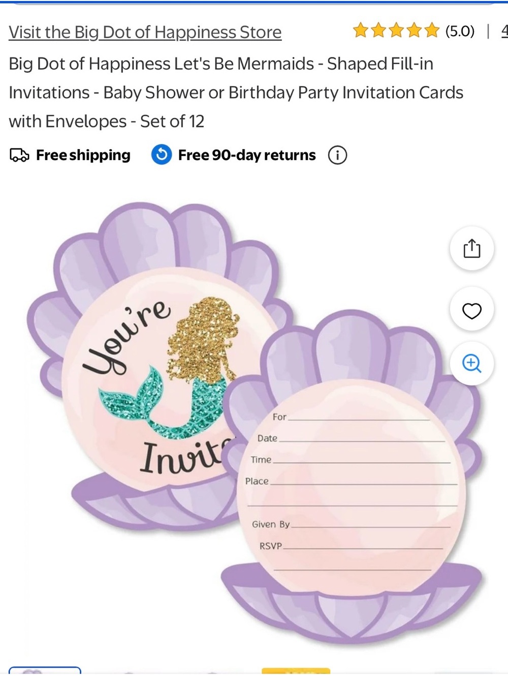 Lavender Mermaid Shell Invitations - 24 Pack